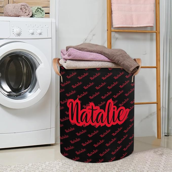 Personalized Laundry Basket, Custom Gift Laundry Hamper, Collapsible Nursery Waterproof Laundry Baskets, Dirty Clothes Toy Hamper with Handles Name Black Red