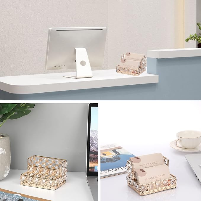 Hipiwe 2 Tiers Crystal Business Card Holder Gold Mirrored Cards Organizer | Business Cards Display Stand Desktop Name Card Storage Holder for Office Countertop