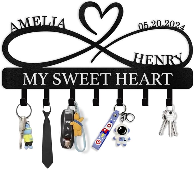 Dyoart Personalized Key Holder Wall Mount, Custom Couple's Name Key Holder for Wall, Love Shape Wedding Couple Gifts, Metal Key Rack Coat Rack, Key Rack Organizer for Bedroom Hallway Decor