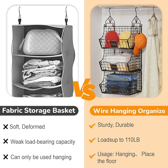 Hanging Closet Organizers and Storage, 6 Tier Closet Shelf Clothes Organizer with 2 S-Hooks, Multi-Functional Iron Wire Baskets, for Clothing, Sweaters, Handbags, Hat, Canned