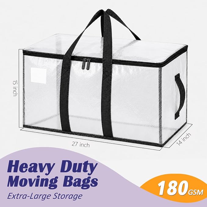 Songrey Heavy Duty Moving Bags, 6 Pack Large Storage Bags with Zipper & Handles, Waterproof Totes Bags for Clothes Packing, Moving, College Supplies, Home Organization