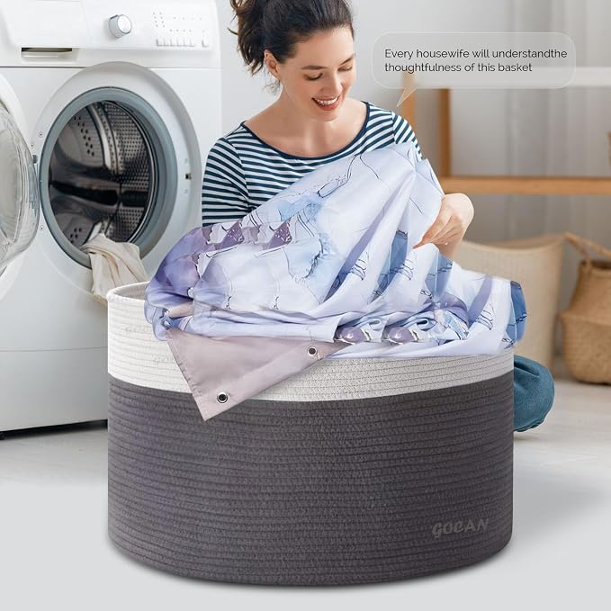 GOCAN Extra Large Laundry Basket toy storage 22"X22"X14" blanket basket Cotton Rope Woven Baskets with Handles for Living Room (Grey/Beige) XXXL