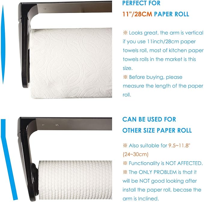 simpletome ONE Hand Tear Paper Towel Holder Under Cabinet Adhesive or Drilling Installation Aluminum Alloy + ABS (Black) | tension arms, tear one/more sheets at one time | aluminum alloy+abs | adhesive or drilling for wall/cabinet | for 28cm roll