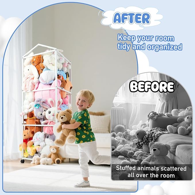 NomNest Stuffed Animal Storage Zoo – Large Metal Plushie Organizer Holds 50+ Toys, Heavy Duty Teddy Bear Toy Holder with Wheels for Bedroom, Playroom, Nursery (White)