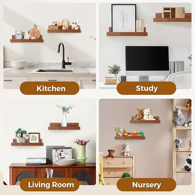 Muzilife 16" Wood Floating Shelves Wall Shelf with Lip,2Pcs, Widened, Honey | FSC-Certified Wood | 20 lbs Capacity | Space-Saving | Hanging Shelf | Wall Decor| Bedroom,Living Room,Bathroom,Kitchen,Office