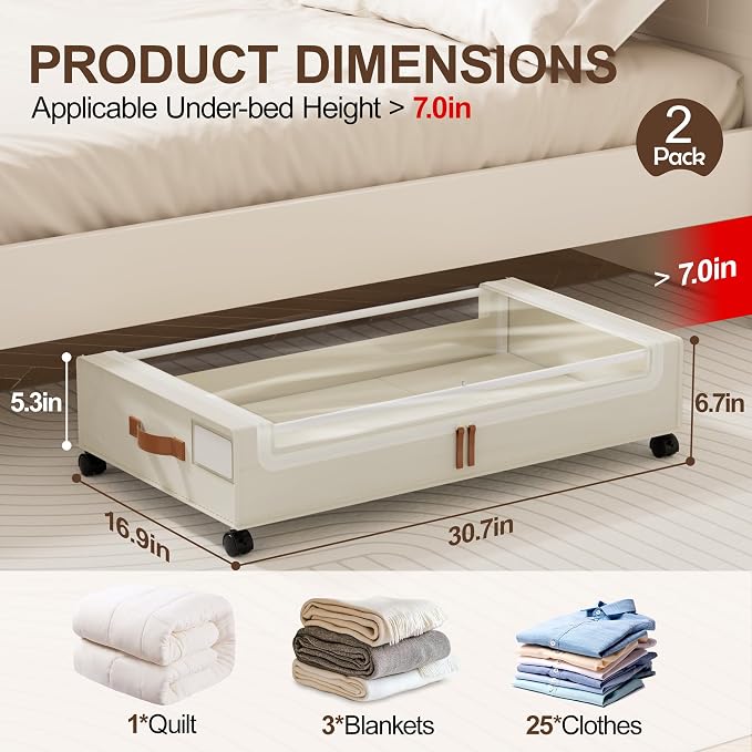 LAMU Under Bed Storage with Wheels, 2 Pack Under Bed Storage Containers with Clear Lid, XXL 60 L Underbed Storage Bins, Rolling Under Bed Metal Drawers for Clothes, Blankets, Shoes, Beige