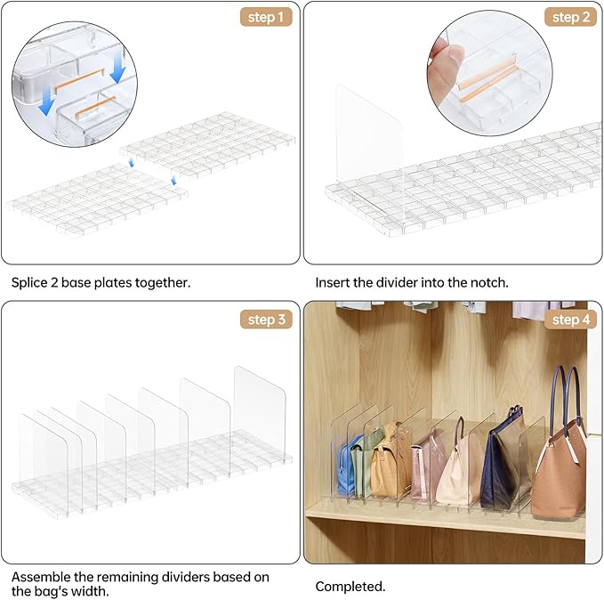 PAVSTINE Purse Organizer for Closet, Stackable Handbag Storage Shelf, Adjustable Clear Shelf Dividers, Keep Clutch, Bag, Pocketbook Upright, for Bedroom (Clear)