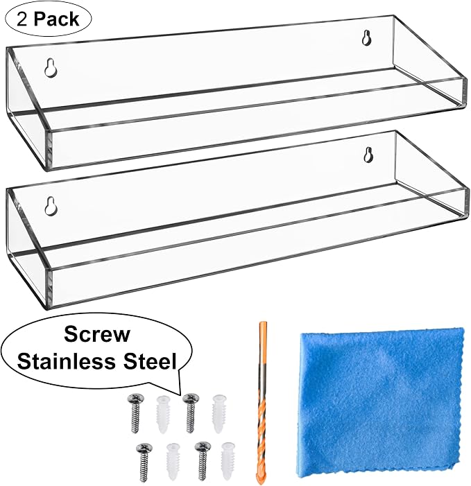 AMT 2 Pack Acrylic Floating Shelves, 15" L x 4" W, Clear Bathroom Wall Shelf, Bookshelves, Invisible Display for Office, Bedroom, Small Gap Allows Water to Escape, Free Screws & Drill Bit (Large)