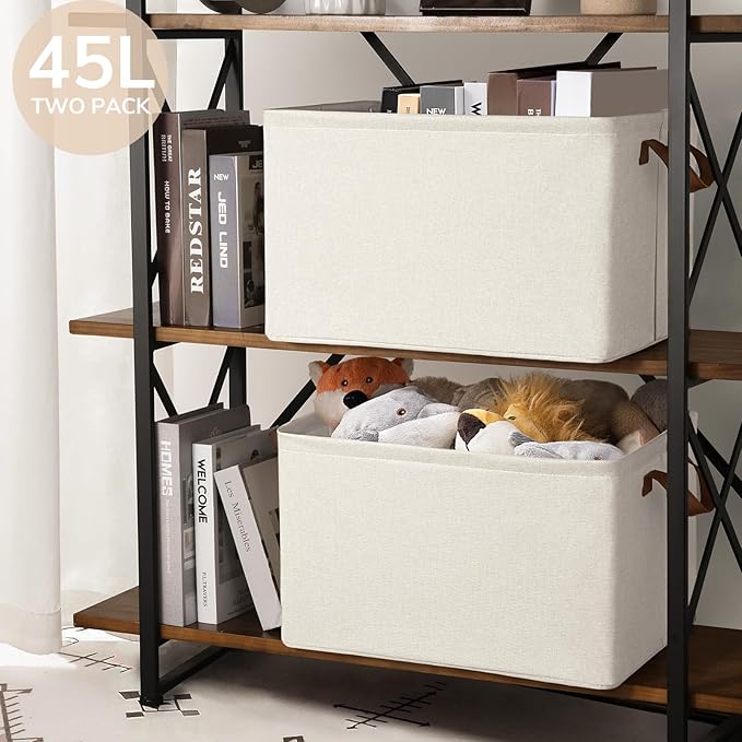 CHICVITA Storage Baskets for Shelves, 19" x 13" x 11" Closet Storage Bins with Handles, Foldable Fabric Bins with Metal Frame, Extra Large Storage Basket for Toys, Blankets, Beige, 2-Pack