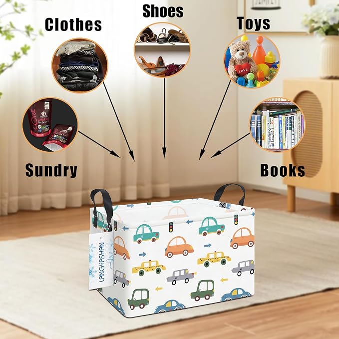 Rectangular Collapsible Color Cars Storage Basket Nursery Organizer | Storage Bin Foldable Canvas with Handles for Organizing Home Kitchen Children Toys Office Closet Shelf Baskets
