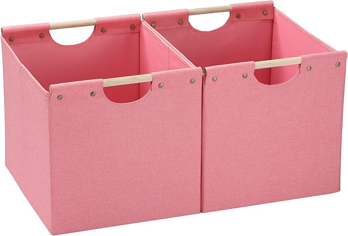 HOONEX Large Foldable Storage Bins, Linen Fabric, Pack of 2, Storage Baskets with Wooden Carry Handles and Sturdy Heavy Cardboard, for Home, Office, Car, Nursery, Pink