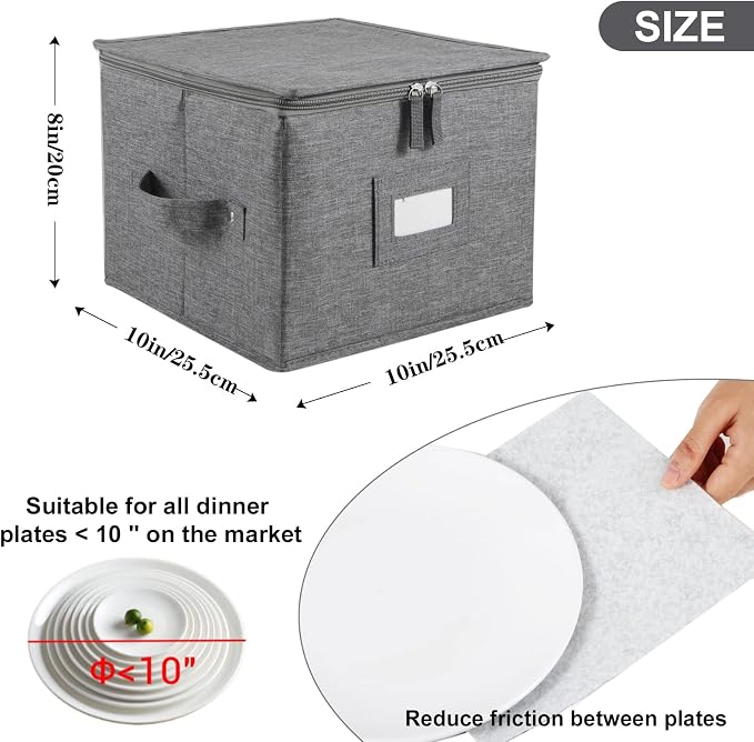 popoly China Storage Containers Hard Shell Inside 10" W x 8" H, Salad Plate Storage Containers for Dishes, Dinnerware with 24 Felt Dividers, Hold 24 Plates, Foldable and Stackable (2 Pack Grey)