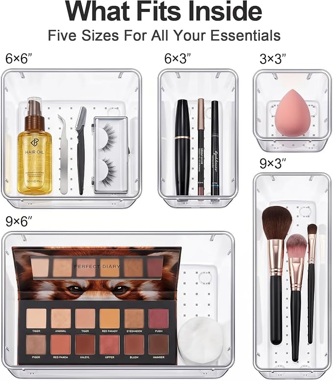 13 Pcs Desk Organizer Tray for Makeup, 5 Sizes Vanity Makeup Drawer Organizer Set, Non-Slip Desk Drawer Organizer Trays for Bathroom, Bedroom, Office, Fits Jewelry