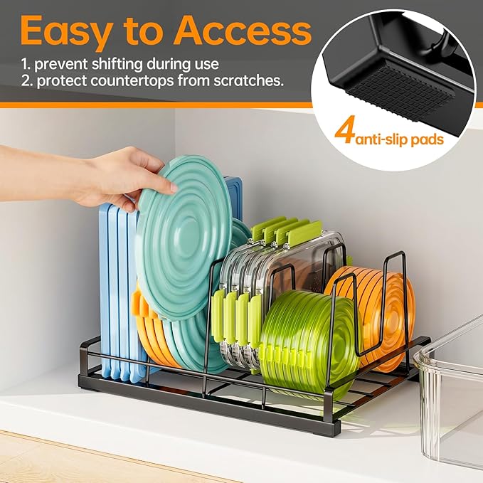 Lid Organizer for Inside Cabinet, Metal, 11" X 7.87" | Food Container Lid Organizer, 5 Adjustable Dividers, Lid Storage Organizer for Kitchen,Cupboard, Cabinets, Pantry, Drawers