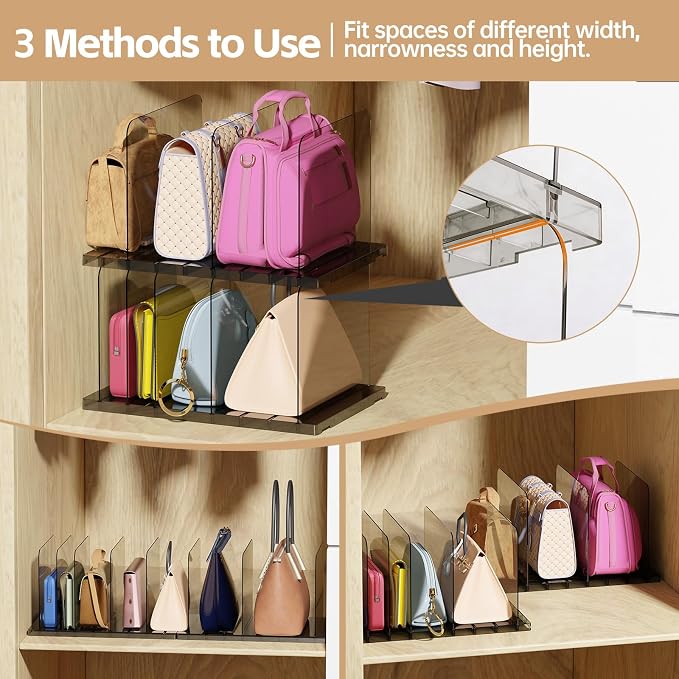 PAVSTINE 4 Pack Adjustable Purse Organizer, Stackable Closet Storage, Black | Adjustable Dividers, Clear Acrylic Handbag Storage Shelf, Keeps Bag, Pocketbook & Clutch Upright, Stackable to Save Space