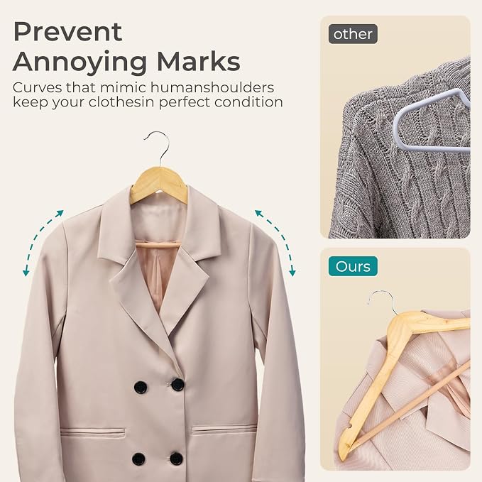 HOUSE DAY Premium Wooden Hangers 100 Pack, Heavy Duty & Durable Coat Hanger | Natural Wood Suit Hangers, 360° Swivel Hook & Pant Bar, Ideal for Jackets, Dresses, Shirts, Perfect for Closet Organization