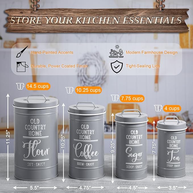 DAYYET Gray Canisters Sets for the Kitchen, Airtight Kitchen Canisters for Countertop, Flour and Sugar Containers, Tea Coffee Sugar Canister Set, Gray Kitchen Decor and Accessories, Set of 4