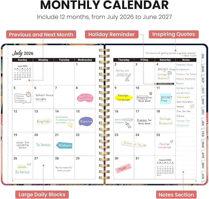 Planner 2026-2027, Hardcover Monthly and Weekly Academic Planner July 2026 - June 2027, Teacher and Student Calendar Agenda Book with Tabs, A5 (6.3" x 8.5"), Ideal for School and Office, Mushroom Party