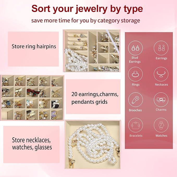 BOOVO Clear Lid Jewelry Box,3 Layers Jewelry Organizer Large Jewelry Storage Box with 2 Drawers,Jewelry Holder Organzier of Rings Earrings Necklace Bracelets for Women (Pink, 3 Layer)