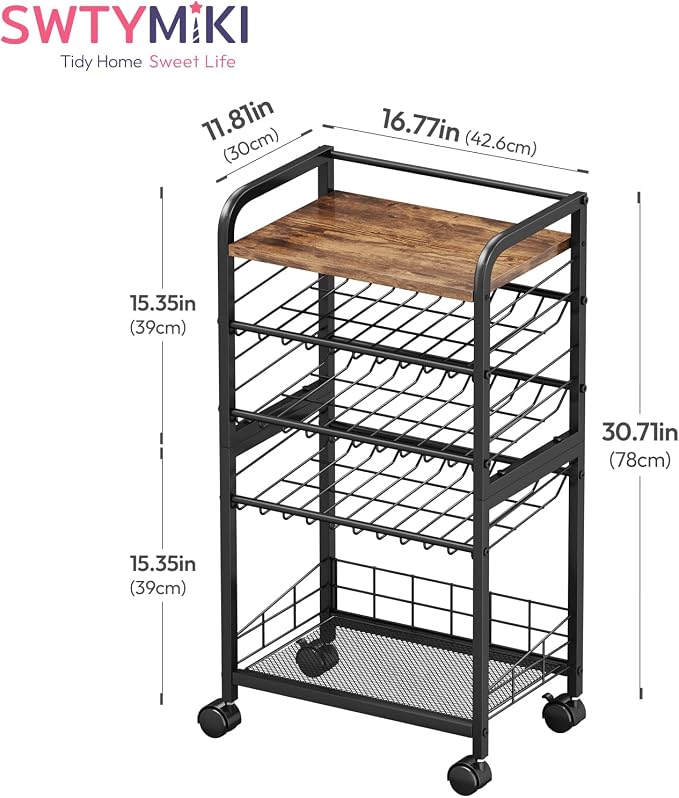 SWTYMIKI Can Organizer for Pantry - Stackable Rolling Snack Cart, Soda Can Organizer, Multi-Functional Shelf with Adjustable Wheels for Kitchen, Office, Living Room, Black