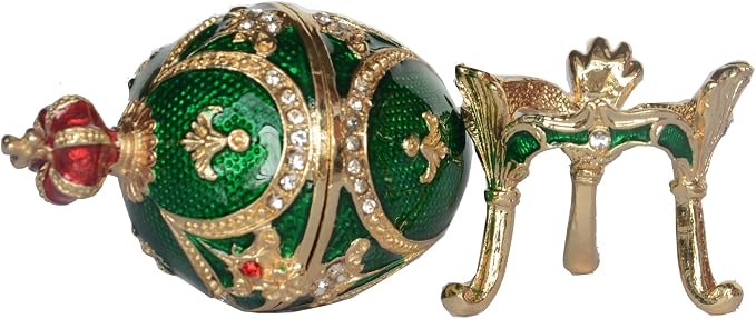 Faberge Egg Trinket Box - Easter Egg Collectible, Jewelry Box Hand Painted Decorative Box with Hinged Lid Ring Earring Holder (Green)
