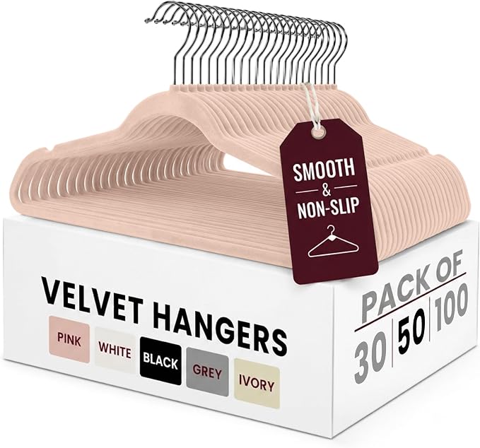 LDC Pink Velvet Hangers 50 Pack - Premium Non-Slip Clothes Coat Pants Felt Hanger for Closet - Heavy Duty Space Saving 360° Swivel Hook Hangars - Pink