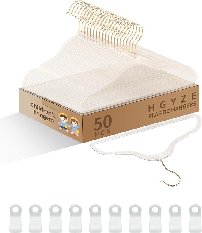 50pcs Slim Clear Toddler Hangers with 10 Connector Hooks for Kid's Closet | Swivel Golden Sparkling Baby Clothes Hangers with Gold Glitter for Infant Coat Outfit, Perchas for Children Boy Gril Nursery