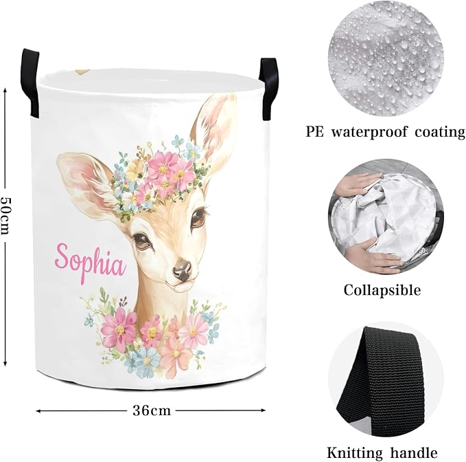 Deer Pink Florals Laundry Basket Hamper Large Storage Bin with Handles for Gift Baskets, Bedroom, Clothes