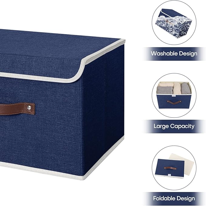 ANMINY 4PCS Storage Bin with Lid Storage Boxes with PU Leather Handles PP Plastic Board Decorative Foldable Lidded Cotton Linen Fabric Home Cubes Baskets Closet Organizer Container - Blue, Medium