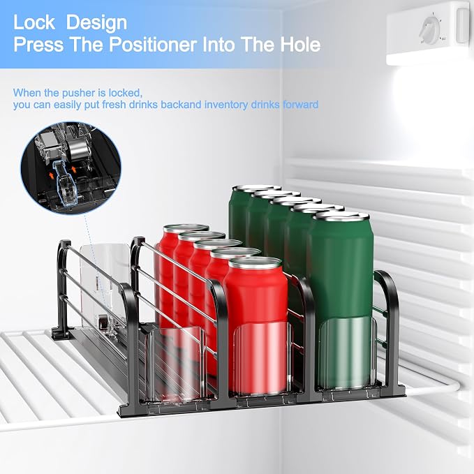 Automatic Fridge Drink Organizer, Refrigerator Soda Can Dispenser & Beverage Pusher Glide for Pantry, Cooler & Kitchen, Self-Pushing Drink Holder for Soda, Beer, Seltzer - Black, 3 Rows-15 D
