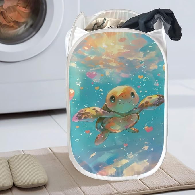 AFPANQZ Sea Turtle Mesh Pop-Up Laundry Hampers Collapsible Clothes Basket with Side Pocket Foldable Save Place Steel Frame Easy to Fold 61L, 13.5x13.5x21 inches
