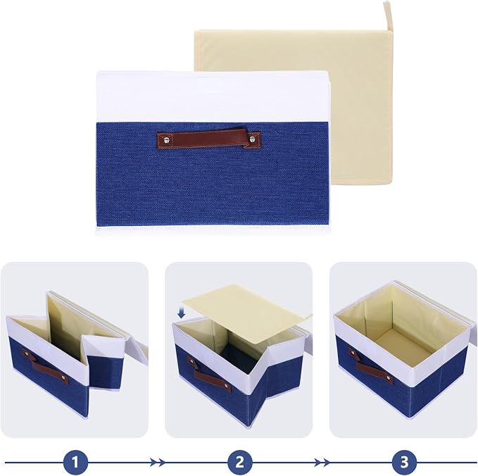 ANMINY Storage Boxes with Lids Washable Decorative Storage Bins Basket with PU Leather Handle Foldable Linen Fabric Storage Cubes Containers for Home Closet Organizer - Deep Blue White, Medium