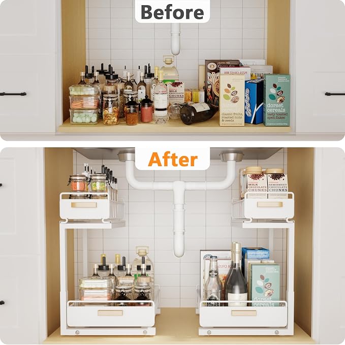 2 Pack Under Sink Organizer with Ball Bearing Sliding Drawer, Heavy Duty Pull Out Cabinet Organizer, 2 Tier Adjustable Storage Rack for Kitchen Bathroom, Space Saving Design, White