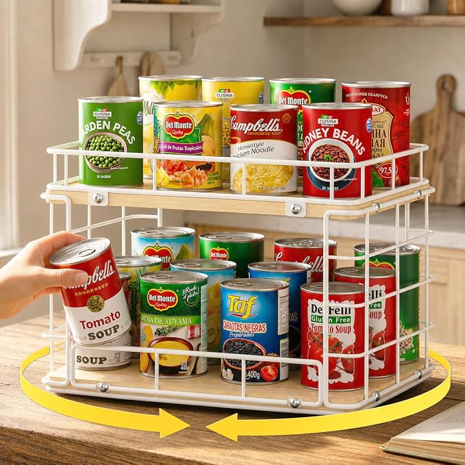 360° Lazy Susan Can Organizer, 2-Tier Rotating Metal Wire Wood Can Rack Holder, Kitchen Pantry Cabinet Countertop Turntable Storage Shelf, Hold 26 Soda Cans Food Beverage Cans Organizer, White