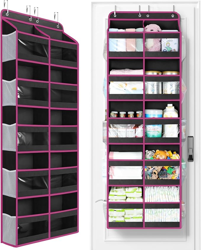 Yecaye 5-Tier Over The Door Organizer Dual-Column, 80lbs Load Over The Door Storage of 10 Compartments, Heavy Duty Door Organizer Hanging for Bedroom Closet Dorm Bathroom Pantry, Black and Pink 1 Pack