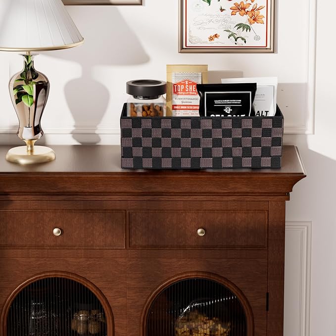 Woven Storage Baskets Bins Container for Organizing, 16” Checker Pattern Ribbon Metal Wire Desk Organizer, Drawer Dresser Baskets, Countertop Toilet Paper Storage (Black & Brown), 2-Pack