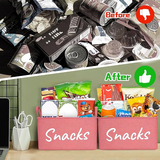 Snack Organizer Basket for Home Office: Snack Bin for Pantry (Pink)