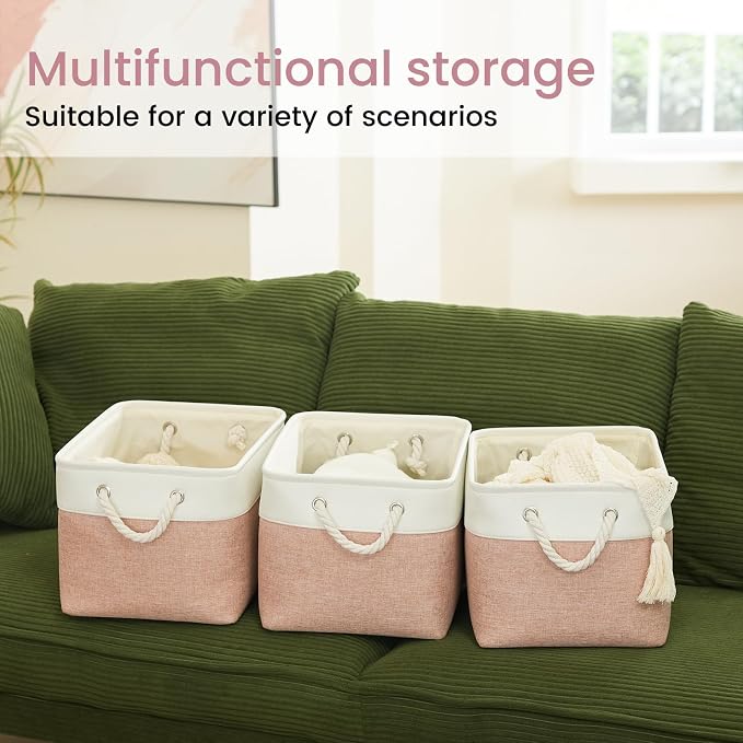 15x11x10 In Foldable Fabric Large Storage Bins with Handle 6 Pack | Organizer Baskets, Sturdy Metal Strand, Cardboard Support Molding, Storage Baskets for Shelves, Closet, Bedroom, White/Pink