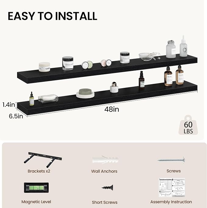 Vivelove 48 Inch Floating Shelves Wall Mounted for Display, 6.5 Deep Duty Shelves with Invisible Brackets for Living Room,Bedroom,Kitchen, Bathroom Storage & Decor,48" Wx6.5 Dx1.4 H - Black