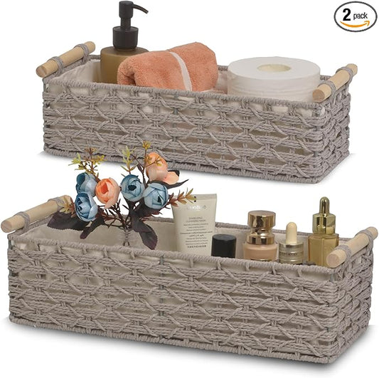 Toilet Paper Baskets for Organizing[2 pack],Paper Rope Wicker Storage Basket with Handle, Bathroom Basket for Bedroom, Nursery, Living Room.(grey)