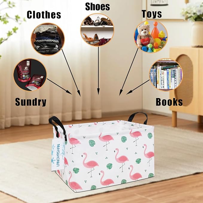 Rectangular Collapsible Leaf Flamingo Storage Basket Nursery Organizer | Storage Bin Foldable Canvas with Handles for Organizing Home Kitchen Children Toys Office Closet Shelf Baskets