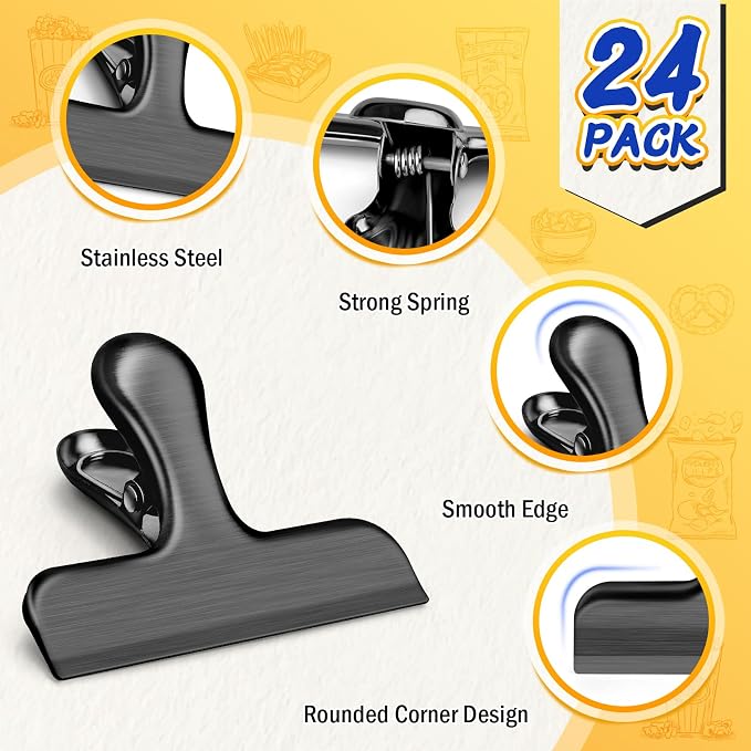 VNDUEEY 24 Pack Stainless Steel Chip Bag Clips, Chip Clips for Food Bags, Heavy Duty Clip for Kitchen and Office to Seal Coffee Bags, Paper Sheets, Air Tight Seal-3 Inches, Black