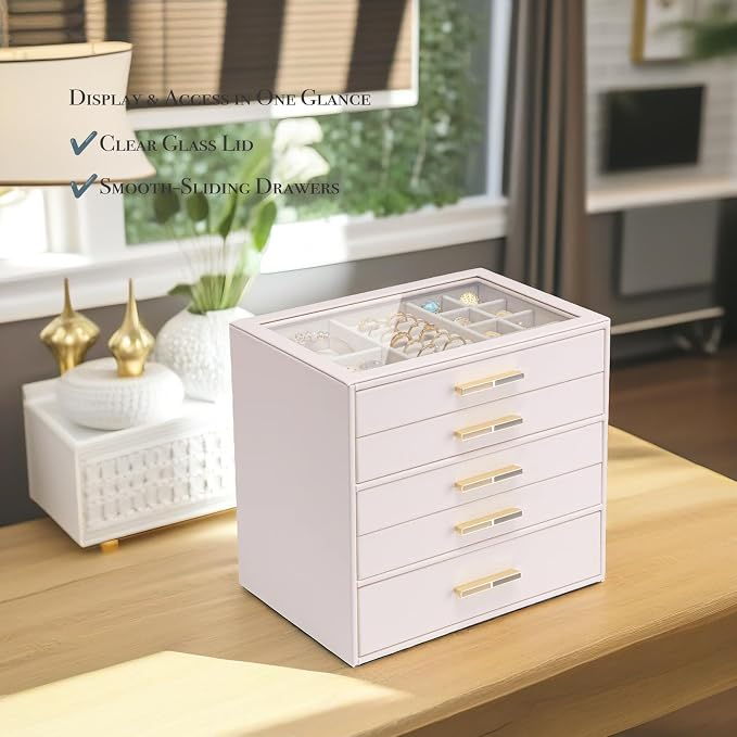 VLANDO 5-Drawer Jewelry Box with Glass Lid, Faux Leather Organizer for Rings Earrings Necklaces and More, Gift-Ready Jewelry Case for Women Girls or Moms, Pink Beige