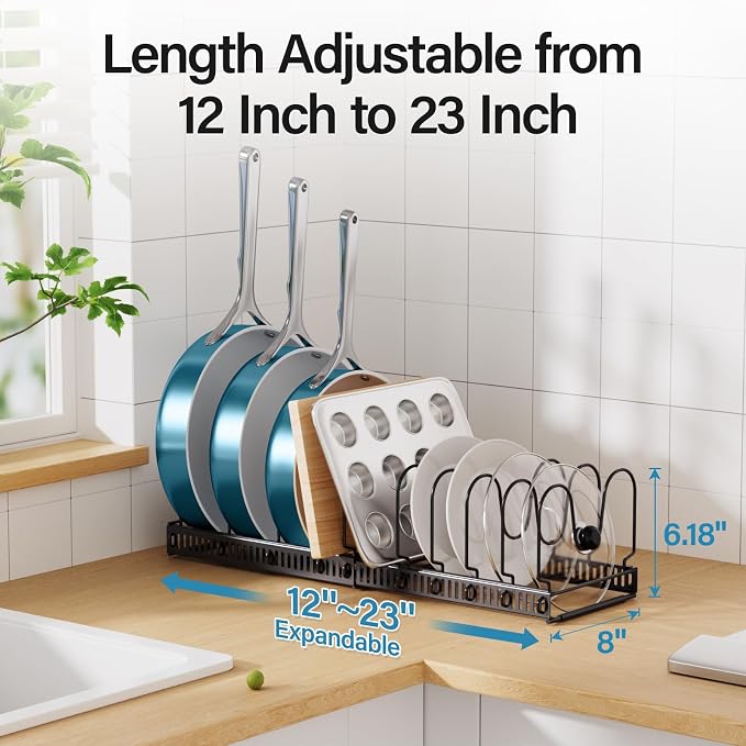 ORDORA Pots and Pans Organizer under Cabinet, Expandable 12"-23" Pot Lid Holder with 10 Adjustable Dividers, Pan Organizers inside Cabinet for Kitchen Cookware Bakeware, Black