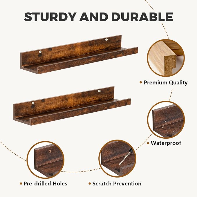 Muzilife 16" Floating Wall Ledge Shelves with Lip - Set of 2 Wood Floating Shelves - Honey Wall Mounted Picture Ledge for Office, Bathroom, Bedroom, Living Room, Kitchen