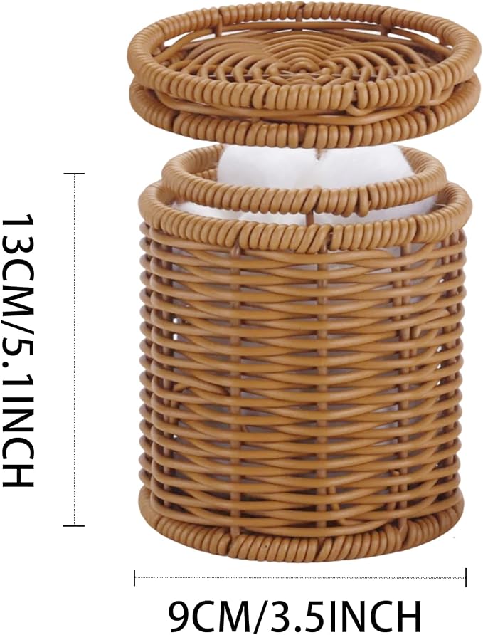 Rattan Q-tip Holder with Lid, Cotton Swab Canister for Bathroom | Large storage capacity for floss picks & makeup pads,Handcrafted rattan texture elevates bathroom decor