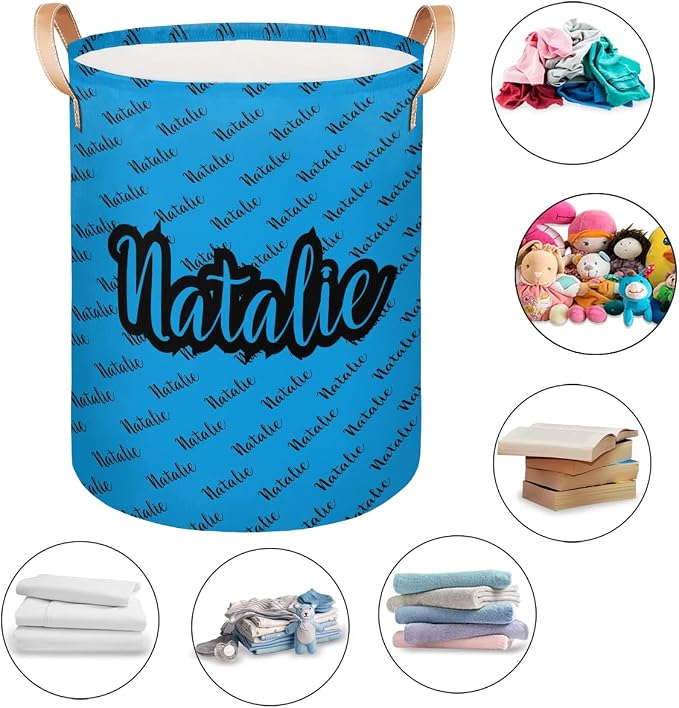 Personalized Laundry Basket, Custom Gift Laundry Hamper, Collapsible Nursery Waterproof Laundry Baskets, Dirty Clothes Toy Hamper with Handles Name Blue Black