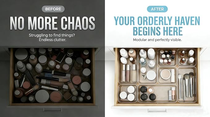 Clear Plastic Drawer Organizer Storage - 25Pcs 4 Size Desk Bathroom Kitchen Organizers and Accessories Office Organization, Vanity Stackable Drawers Bins Trays Containers Dividers Makeup Sets