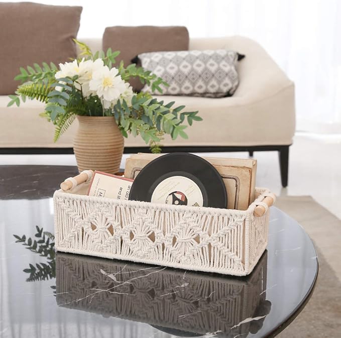 Mkono Macrame Storage Baskets Boho Decor Box Handmade Woven Decorative Countertop Toilet Tank Shelf Cabinet Organizer for Bedroom Livingroom Home, Set of 2, Ivory