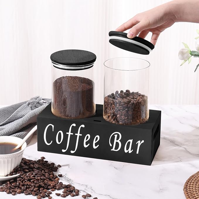 ZOMUIA Rustic Modern Black 2PCS Small 44oz Coffee Storage Jars with Shelf, 2Pcs 1.295L Airtight Glass Coffee Containers, Coffee Canisters, Food Storage Jars